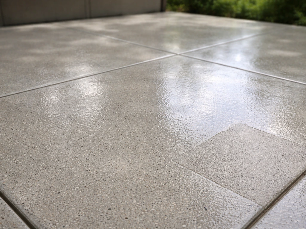Freshly sealed patio slab showing a clear wet-look sheen next to an untreated patch
