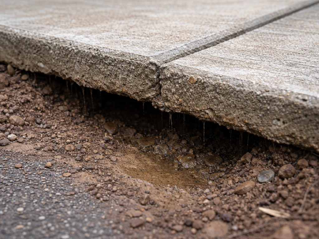 Close-up of a sinking patio slab with a visible soil washout under the edge and exposed subgrade