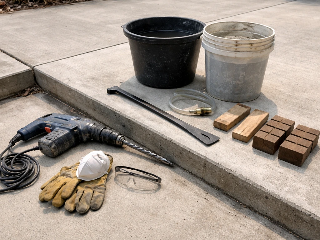 Safety gear and slab-raising tools arranged on a patio beside a concrete slab.