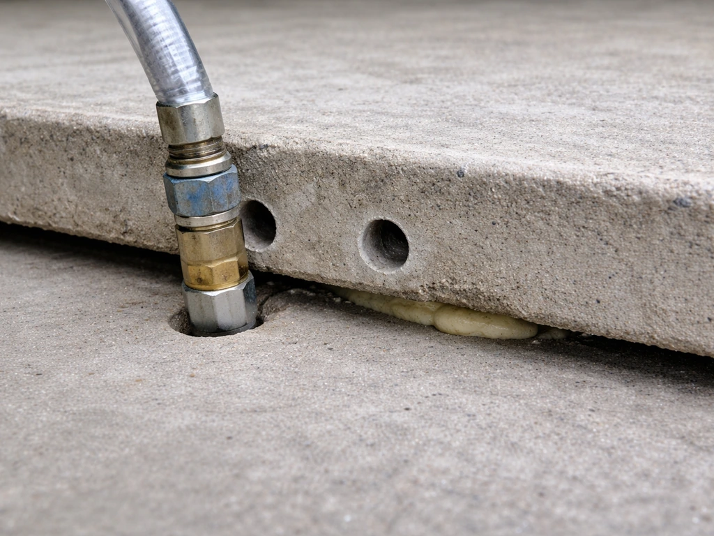 Small drilled holes in a concrete slab with an injection nozzle and slight underside expansion from polyurethane foam.