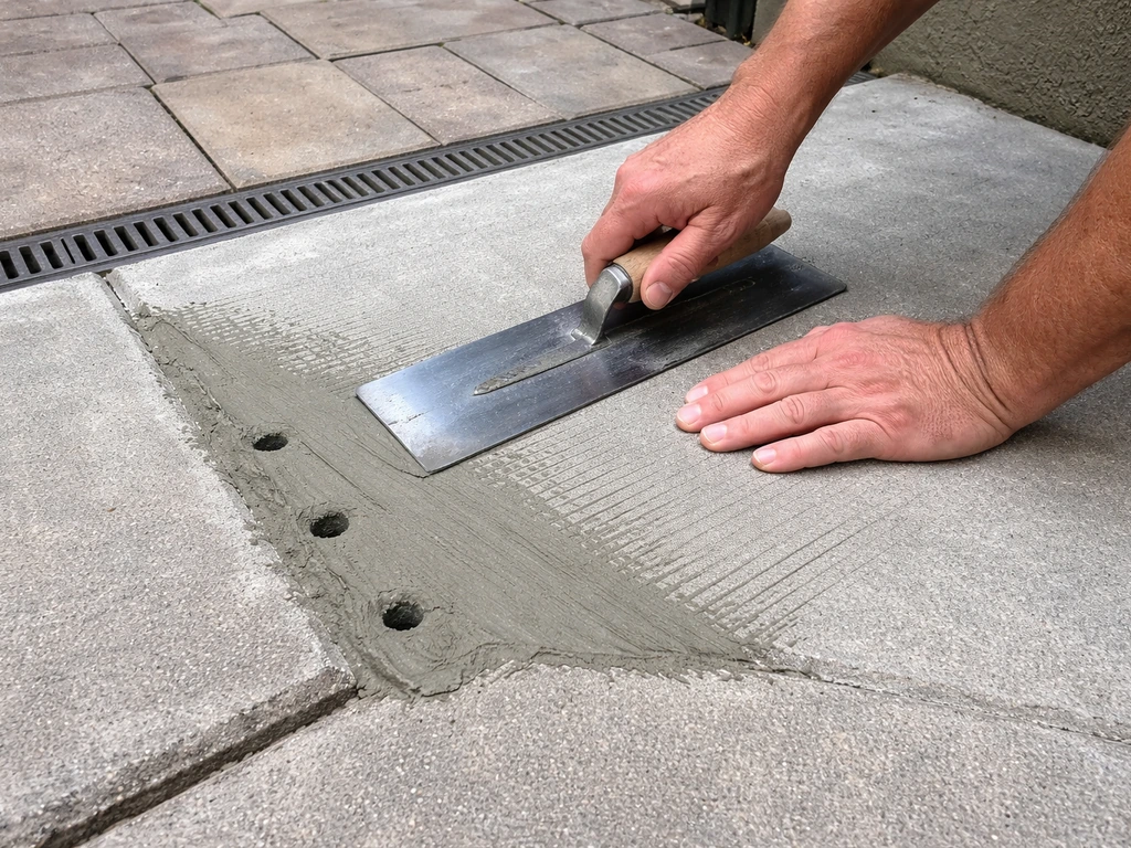 Hands troweling and brooming a fresh concrete patch over drill holes on a sloped patio surface.