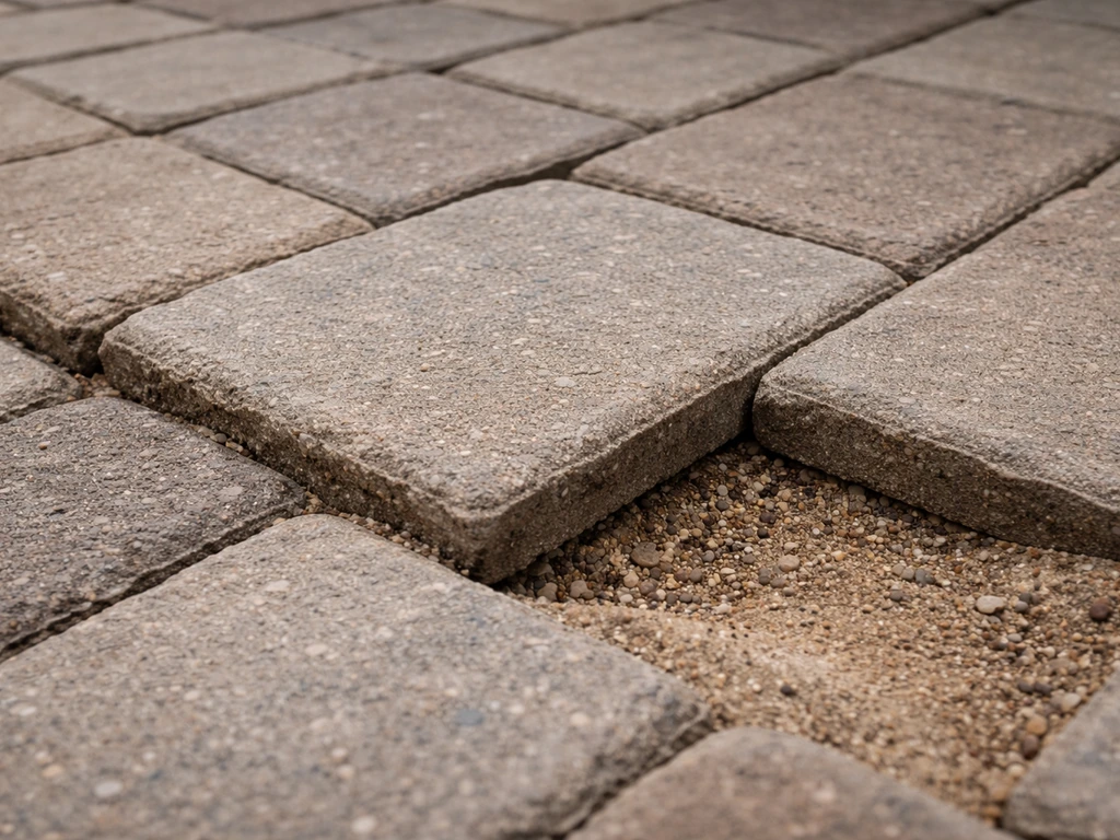 Close-up of sunken patio brick pavers with uneven edges and gaps suggesting base settling.