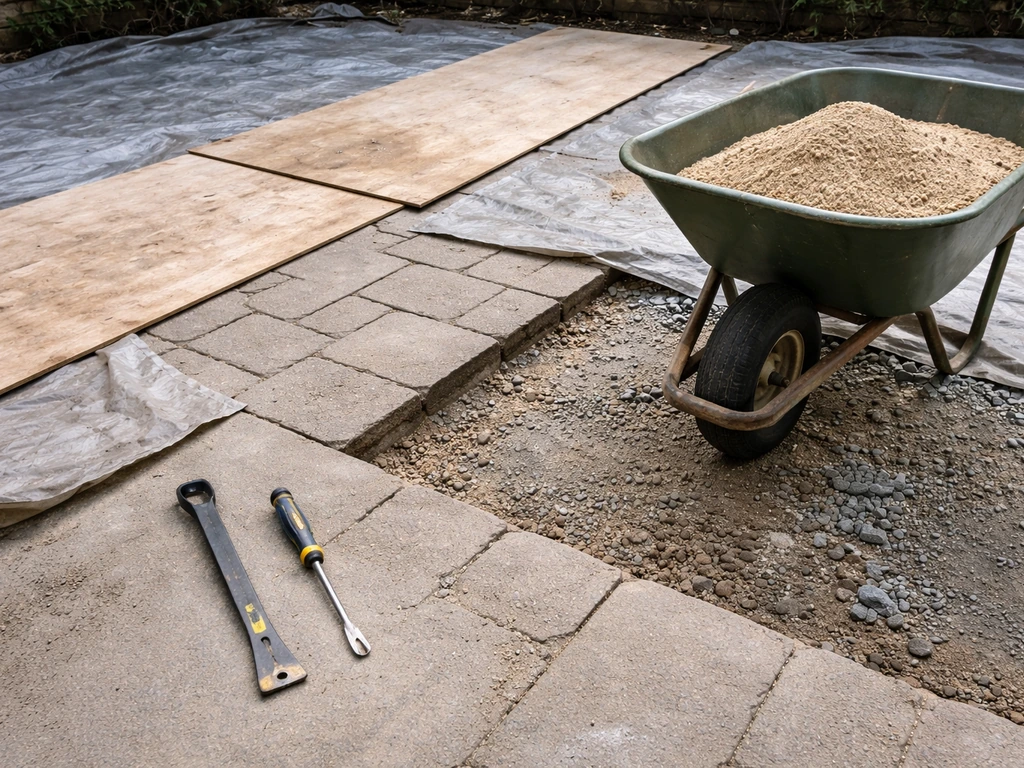 Pry bar, flathead screwdriver, and wheelbarrow with bedding sand with tarps protecting patio edges.