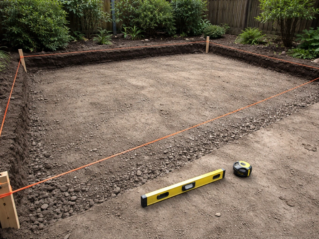 Taut string lines on stakes across an excavated patio base with a level and measuring tape showing proper slope.