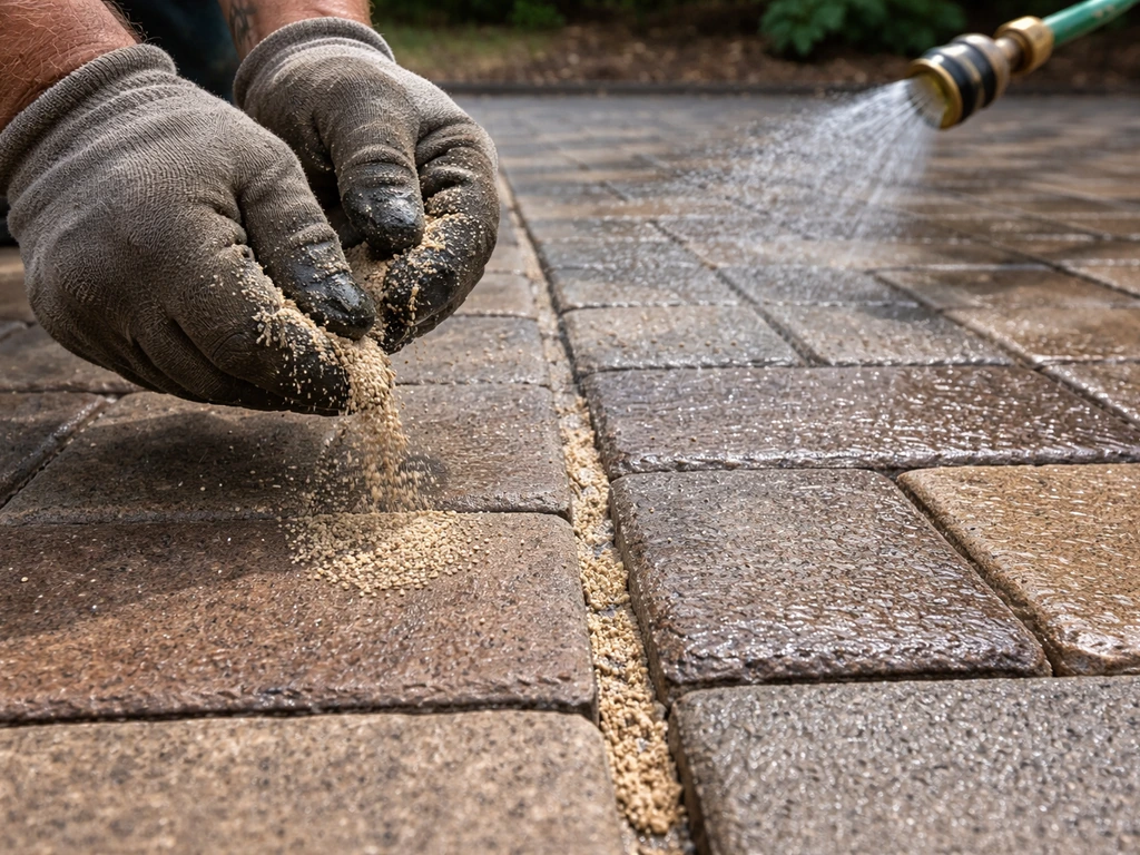 Gloved hands sprinkling polymeric sand into brick paver joints while water mist activates it.