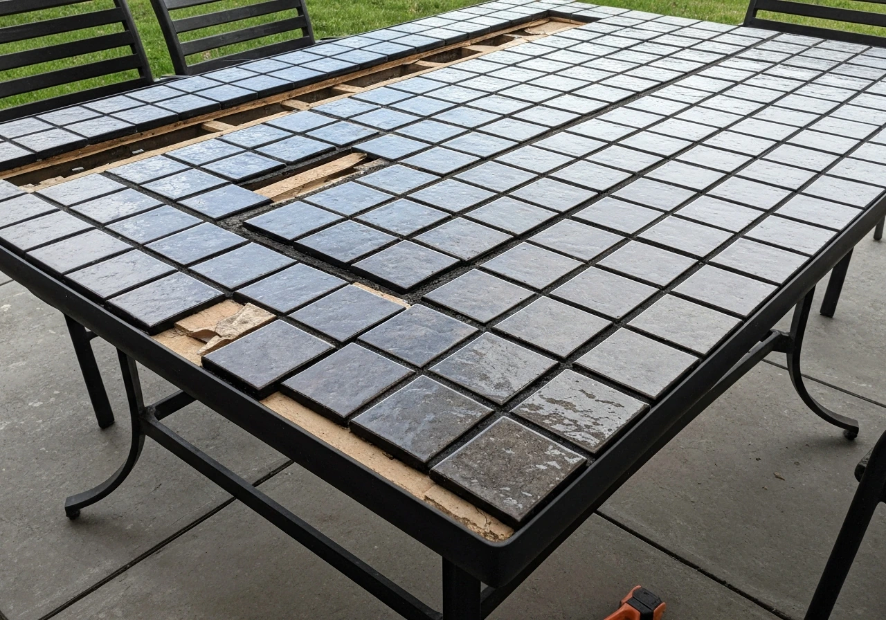 Outdoor patio table with a newly tiled, sealed tabletop replacing the old glass surface.