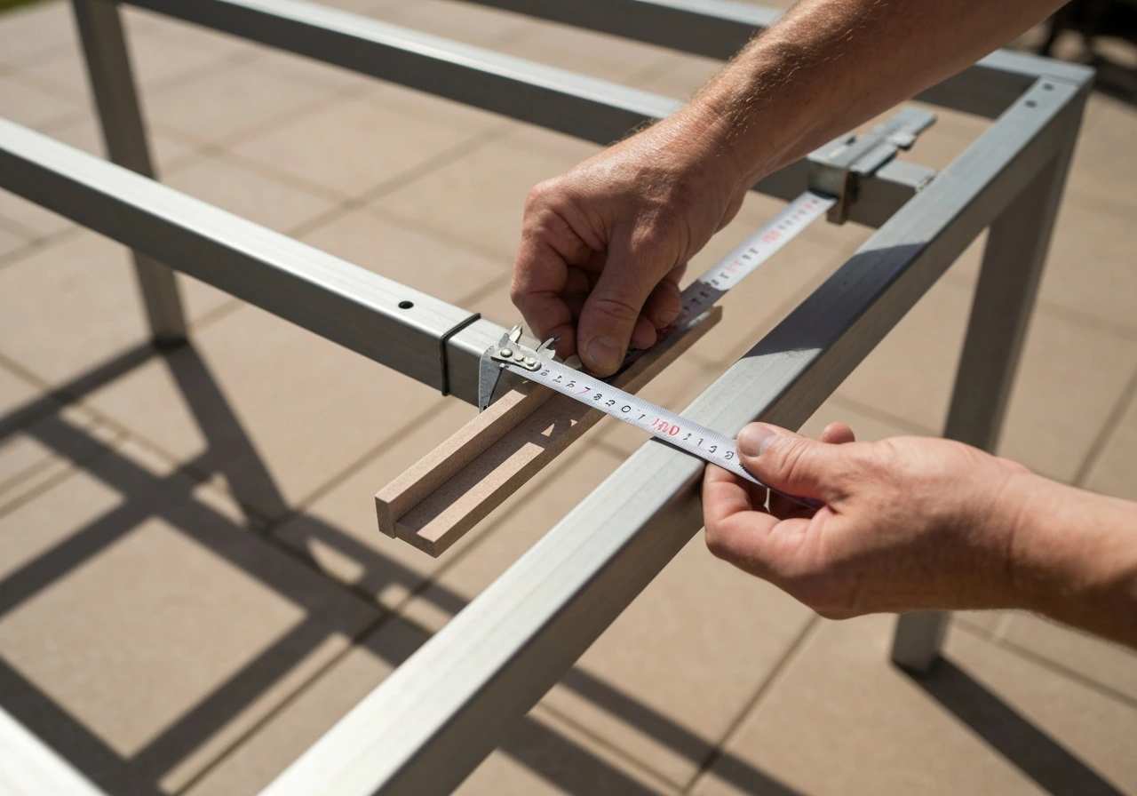 Close-up of hands measuring patio table frame openings with tape measure and checking tile fit