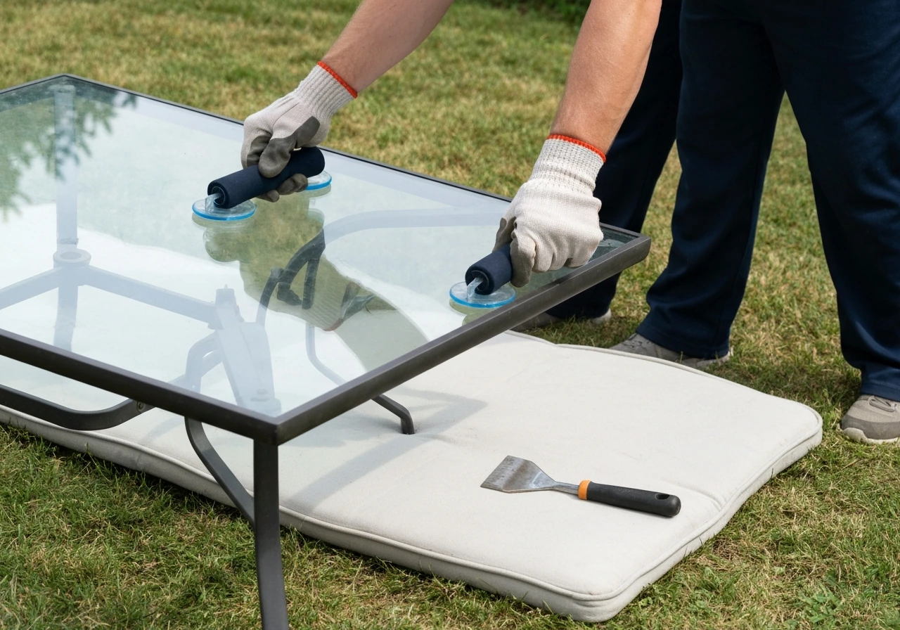 Person wearing gloves lifts a patio table tempered glass top over a padded surface outdoors.