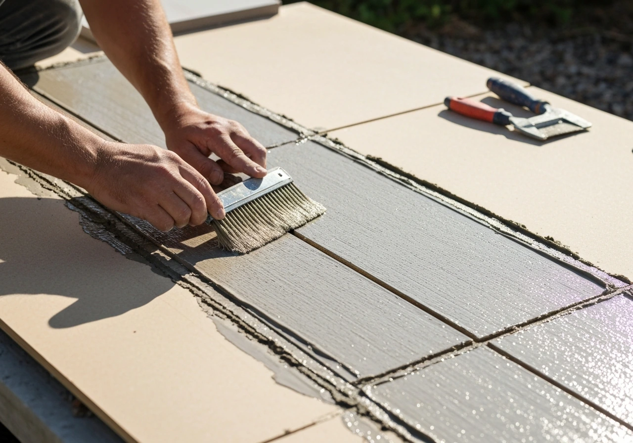 Hands brush a liquid-rubber waterproofing membrane onto backer board seams, corners, and edges.