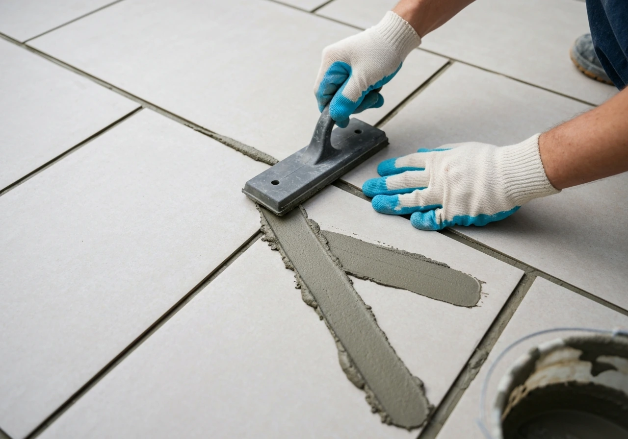 Gloved hands using a rubber grout float to press grout diagonally into tile joints outdoors.