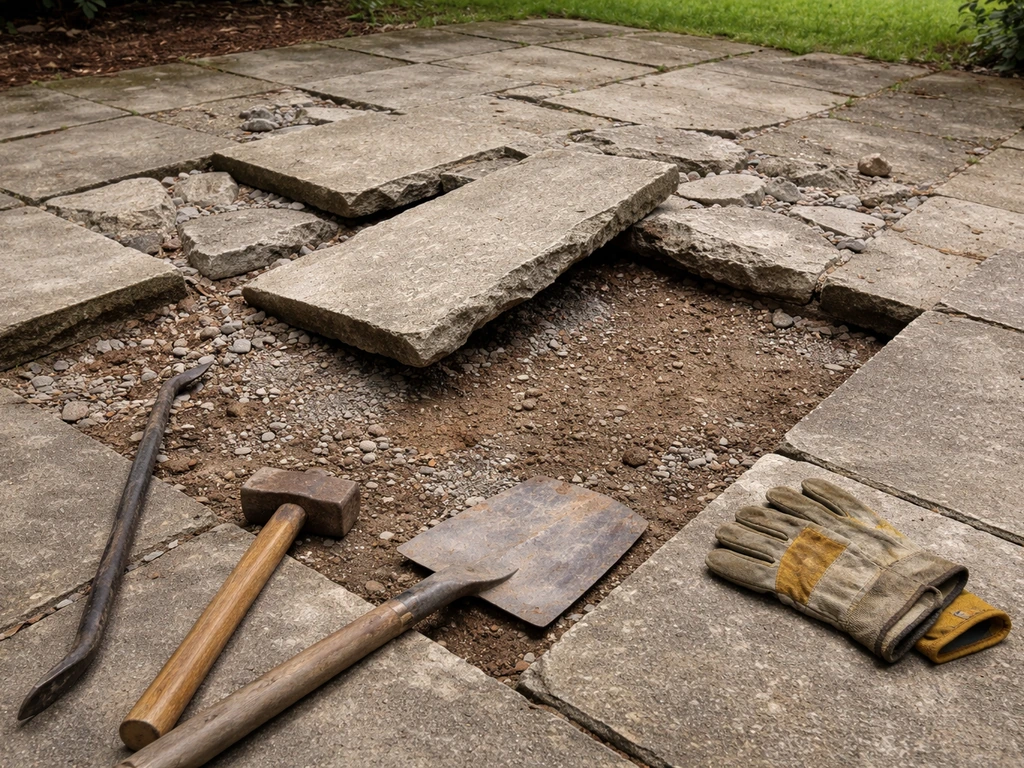 Broken patio slabs with exposed gravel sub-base and DIY tools ready for removal
