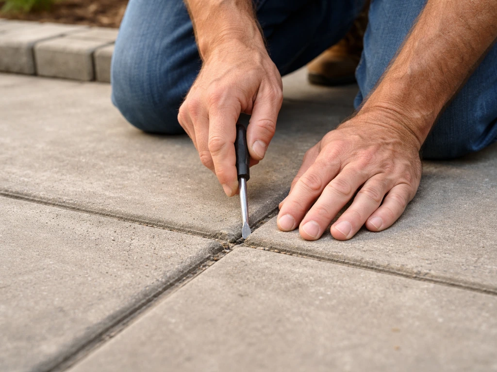 Kneeling DIYer uses a chisel and screwdriver to probe a concrete patio control joint seam