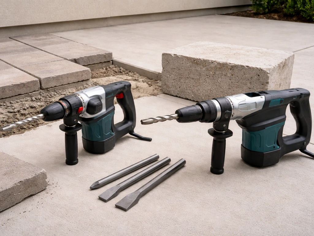 Tool lineup on site showing SDS-Plus and SDS-Max rotary hammer drills with chisel bits beside patio materials