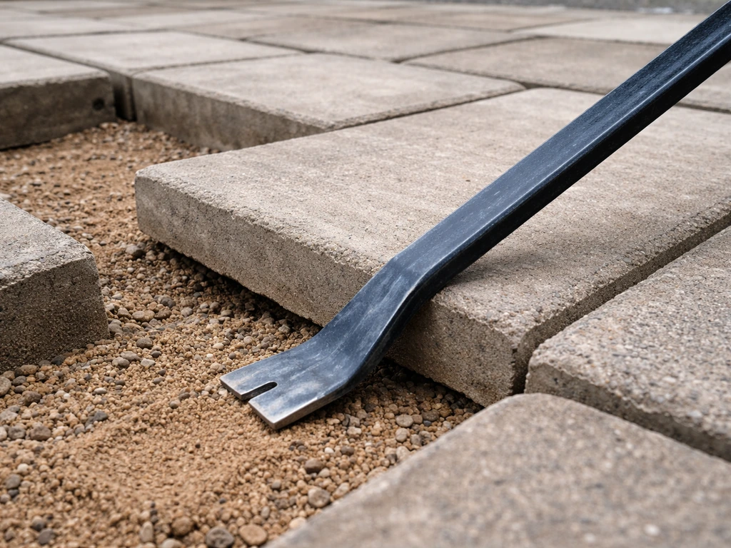 Corner of a dry-laid patio paver being gently pried up from sand bedding with a flat pry bar.