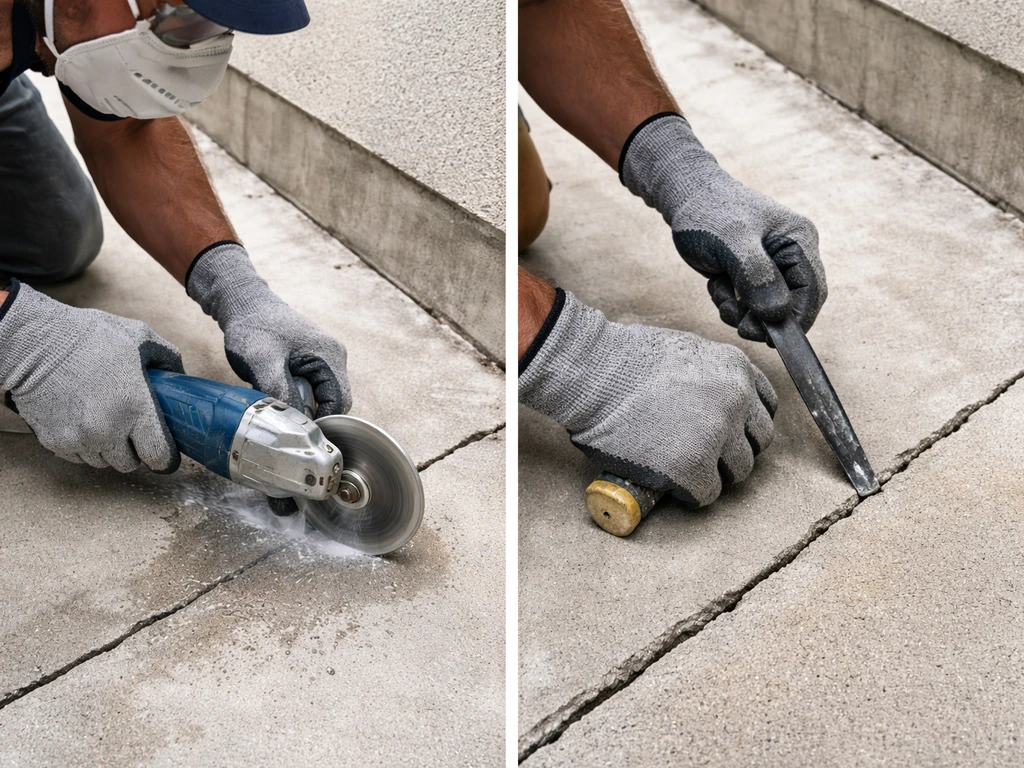 Anonymous worker scores a concrete slab with a diamond blade near a control joint, ready to chisel and break.