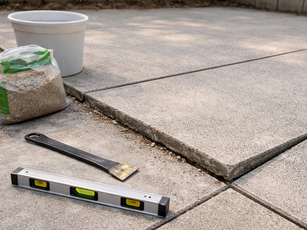 Uneven patio slab with a raised corner and nearby pry bar and level for a DIY fix.