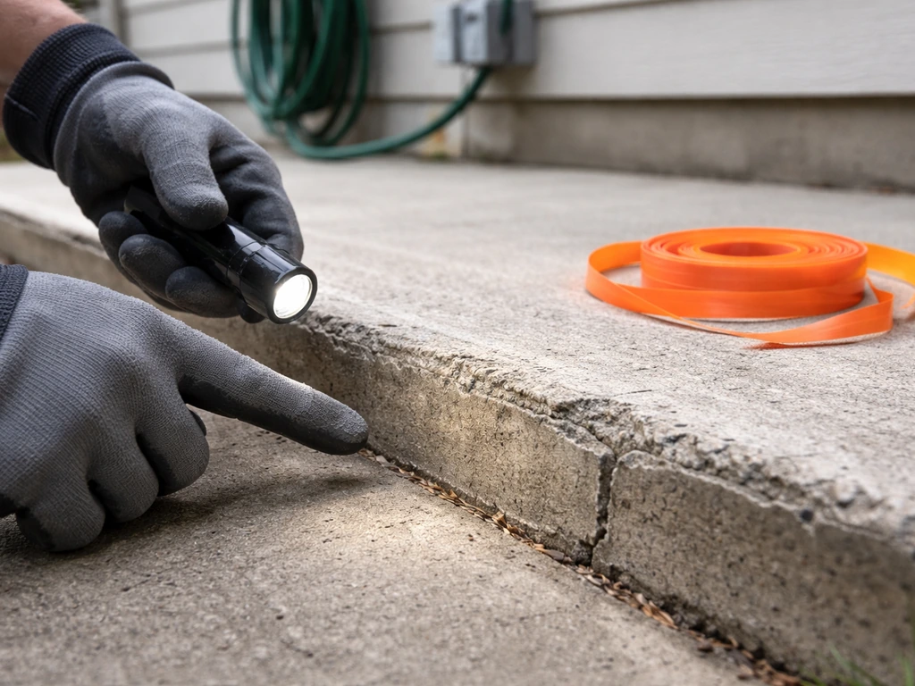 Gloved hands inspecting a patio concrete slab edge with flashlight and safety tape nearby.