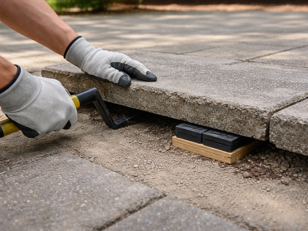 Gloved hands lift a slightly uneven concrete patio slab and place shims beneath it to level.