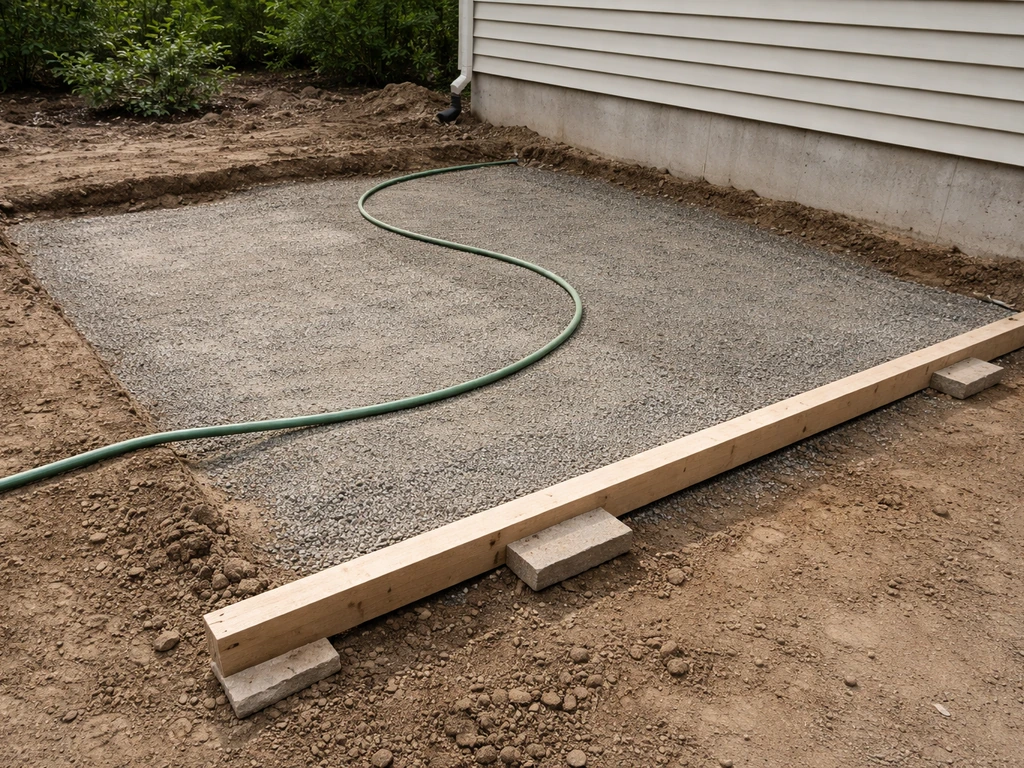 Minimal backyard patio base prep showing graded soil and marked slope away from the house