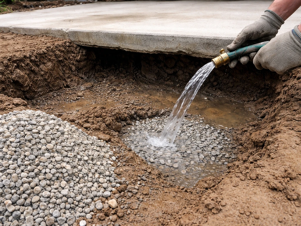 Excavated under-slab area with wet eroded soil, worker controls water source, crushed stone ready for subbase.