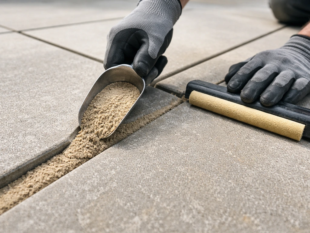 Worker’s hands filling joints with polymeric sand and sealing a concrete surface with a roller