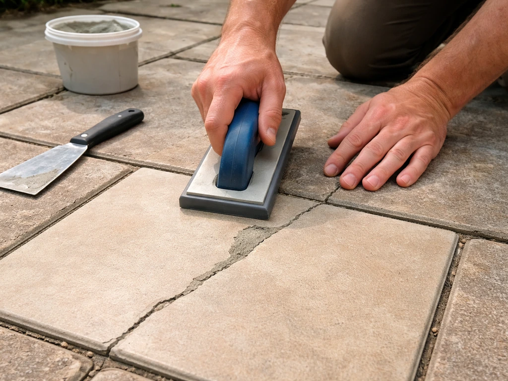Hands repairing a cracked patio tile with grout and tools on an outdoor walkway