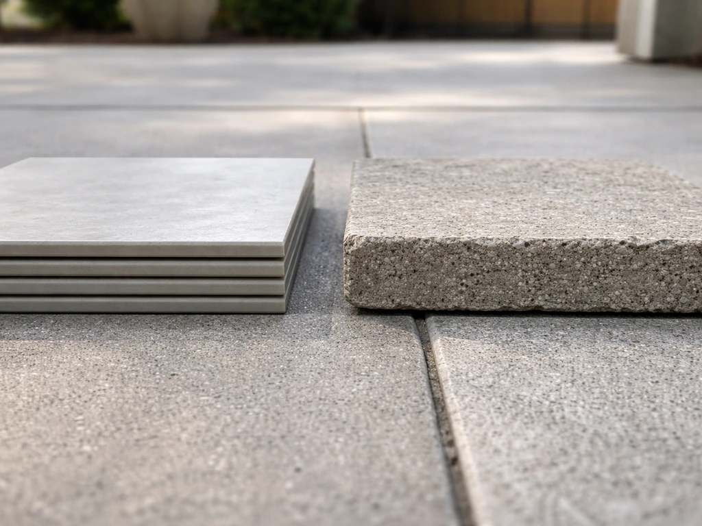 Close-up of patio tile edges showing two types: thin ceramic/porcelain and thicker concrete/stone.
