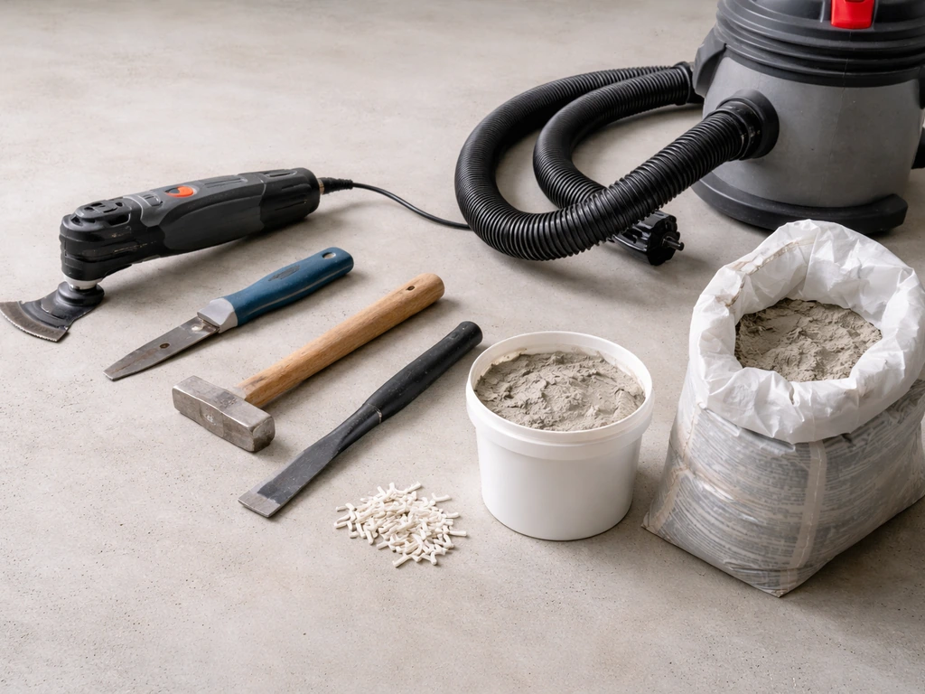 Patio tile repair tools laid out neatly: oscillating tool, grout saw, vacuum, chisel, hammer, grout, adhesive, spacers.