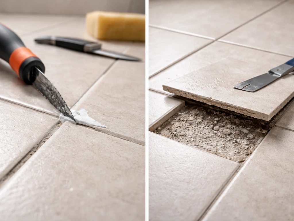 Two-panel view of a tiled floor: removed grout with crack filler on one side, and a lifted damaged tile on the other.