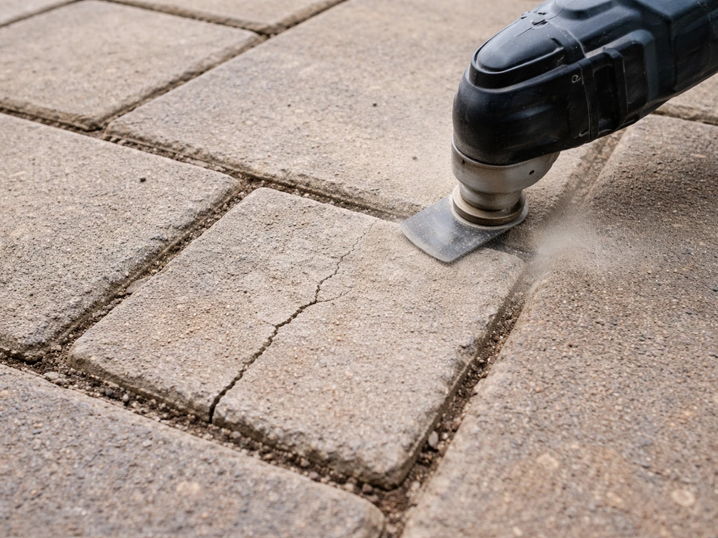 Close-up of a grout saw cutting grout around a damaged concrete paver tile edge