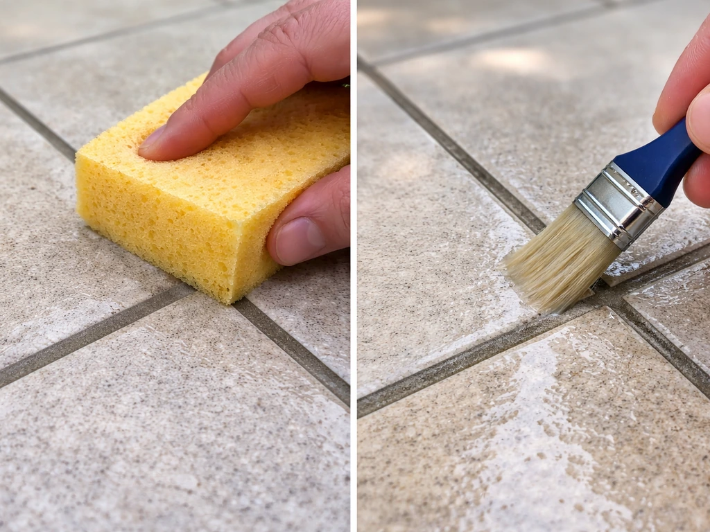 Close-up of damp sponge cleaning grout haze and clear sealant applied to outdoor tile grout lines.