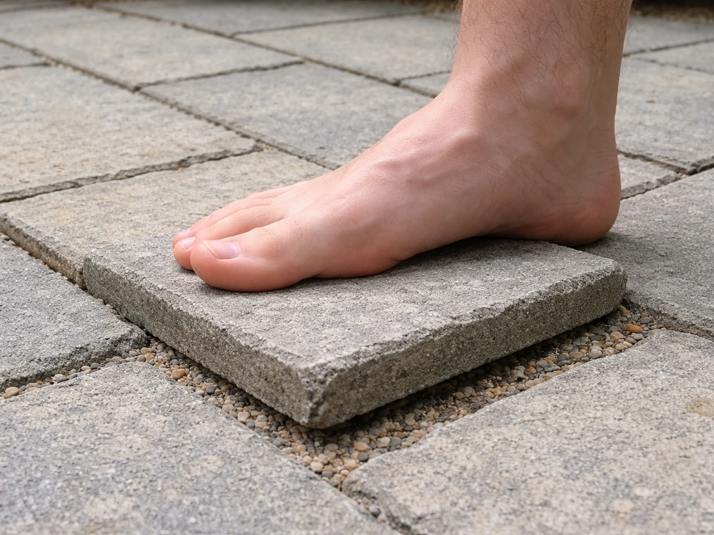 Close-up of a foot pressing an uneven concrete patio paver to check for rocking.