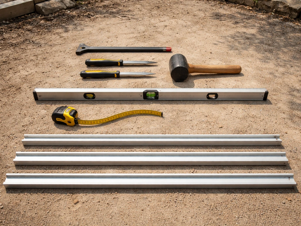DIY paving tools laid on the ground: pry bar, screwdrivers, rubber mallet, 4-foot level, tape measure, screed rails.