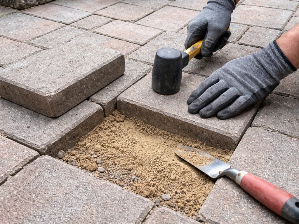 Close-up of a single patio paver being reset with a trowel and rubber mallet beside leveled sand.