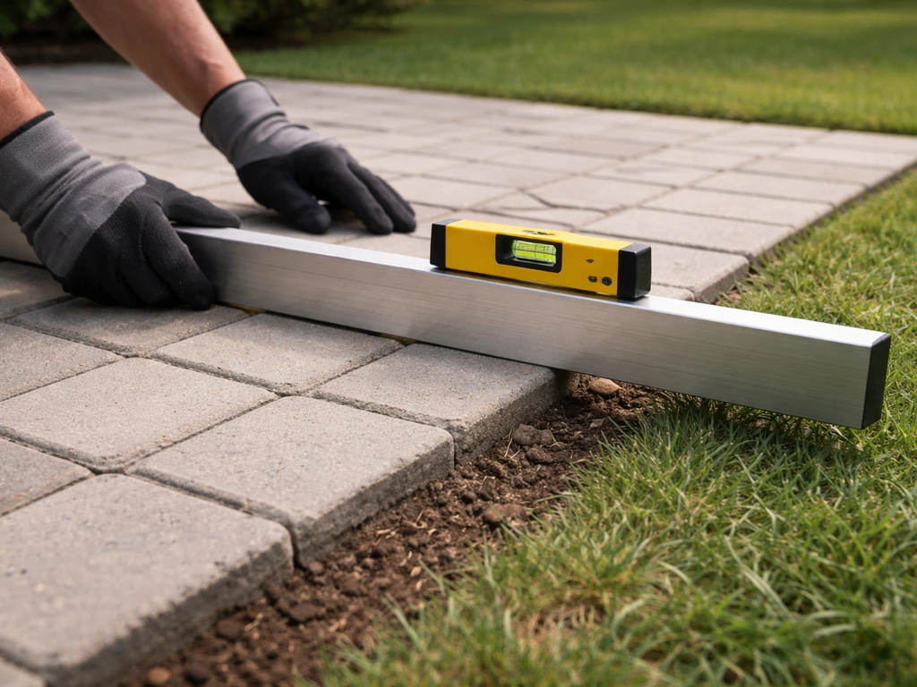 Homeowner checking patio drainage slope with a straightedge and small level along the edge