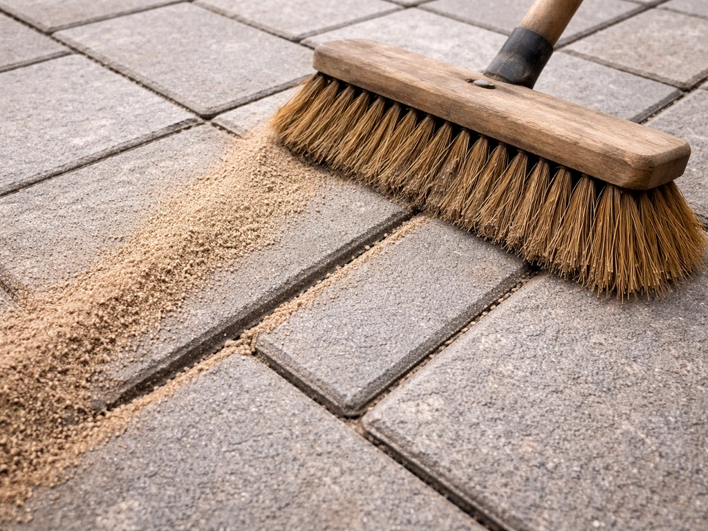 Hand with a broom sweeping dry polymeric sand into joints between patio pavers
