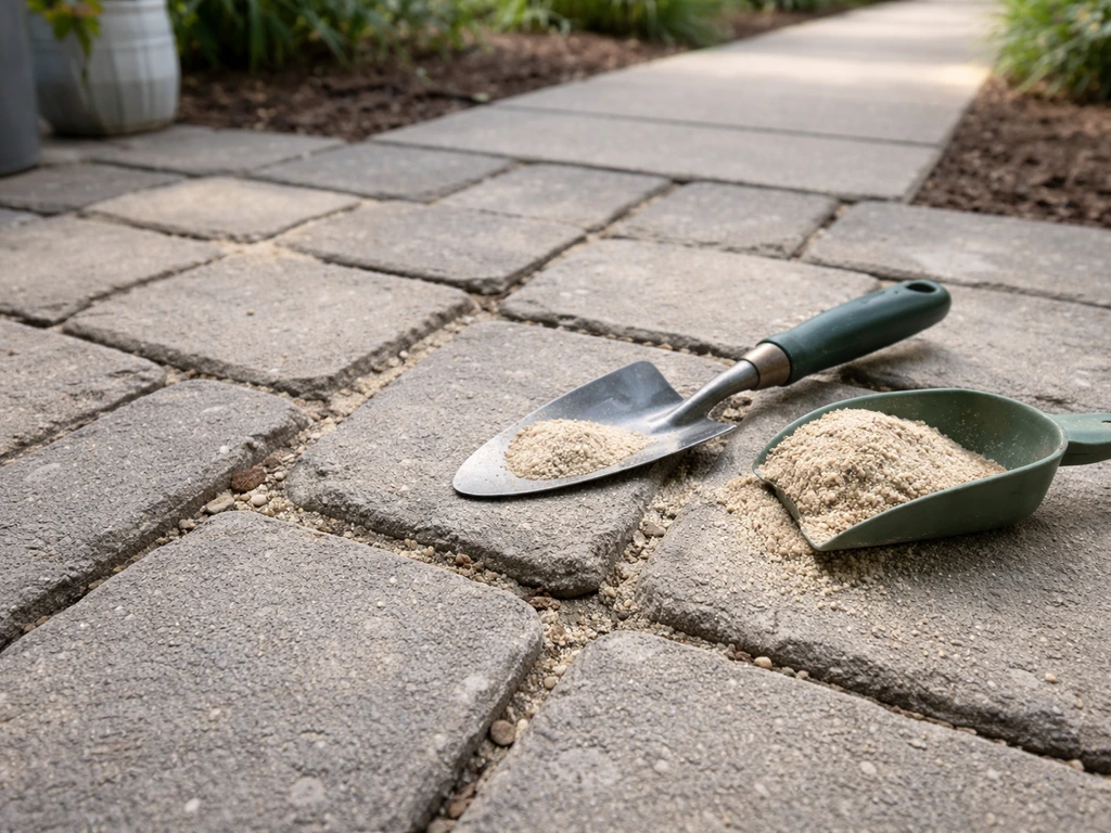 Weathered patio pavers with washed-out joints and sand ready to refill for stability and weed prevention