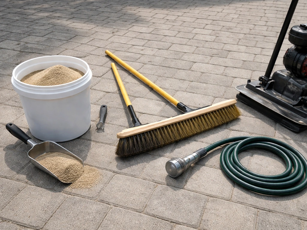 Polymeric sand bag and basic paver tools laid out on a driveway: broom, mist hose, and plate compactor.