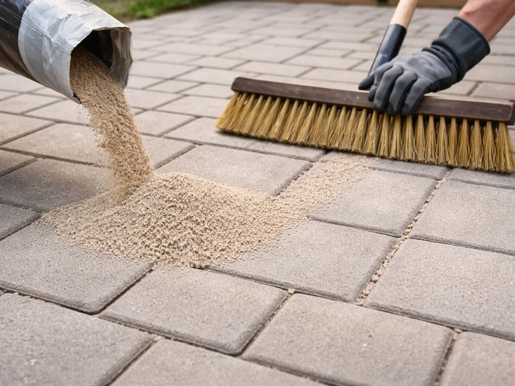 Gloved hands pour polymeric sand onto dry patio pavers and sweep it into the joints.