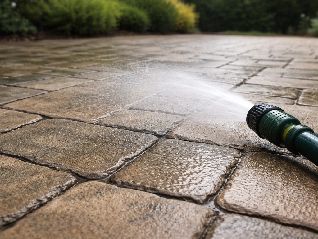 Garden hose nozzle misting a patio surface, with wet paver joints showing slight pooling.