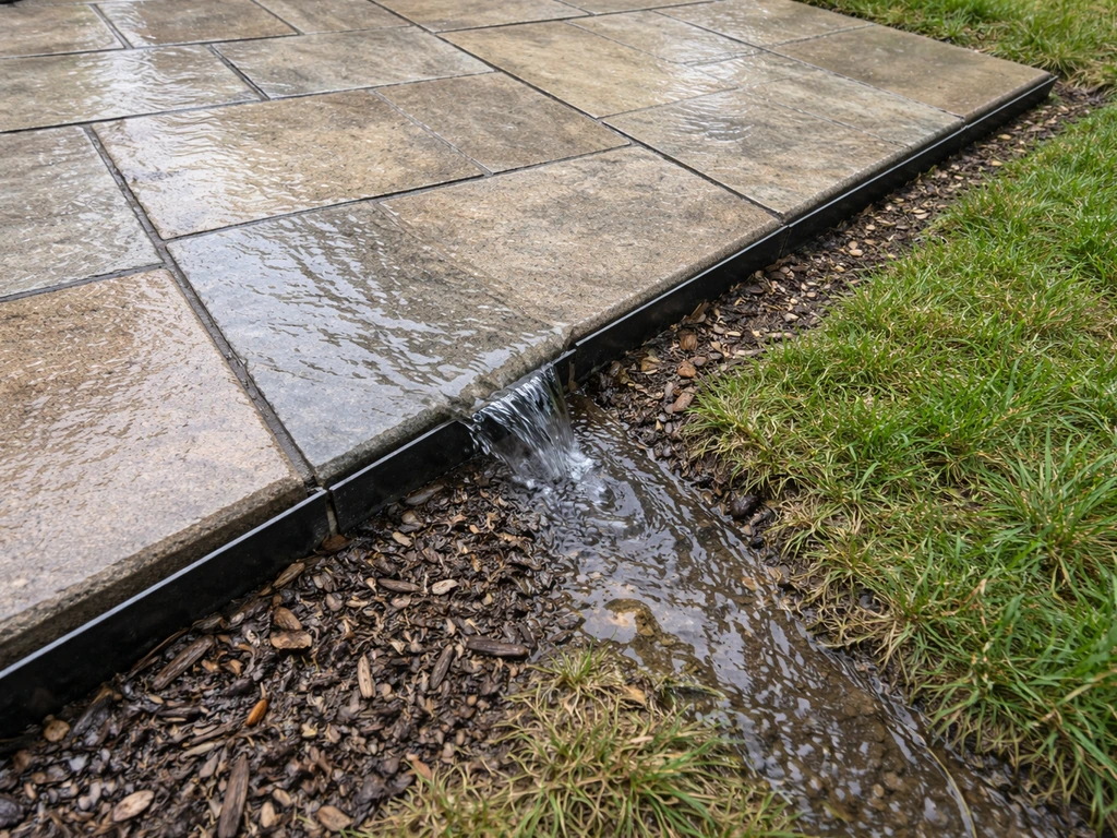 Water draining off a patio corner with metal edge restraint along the perimeter visible.