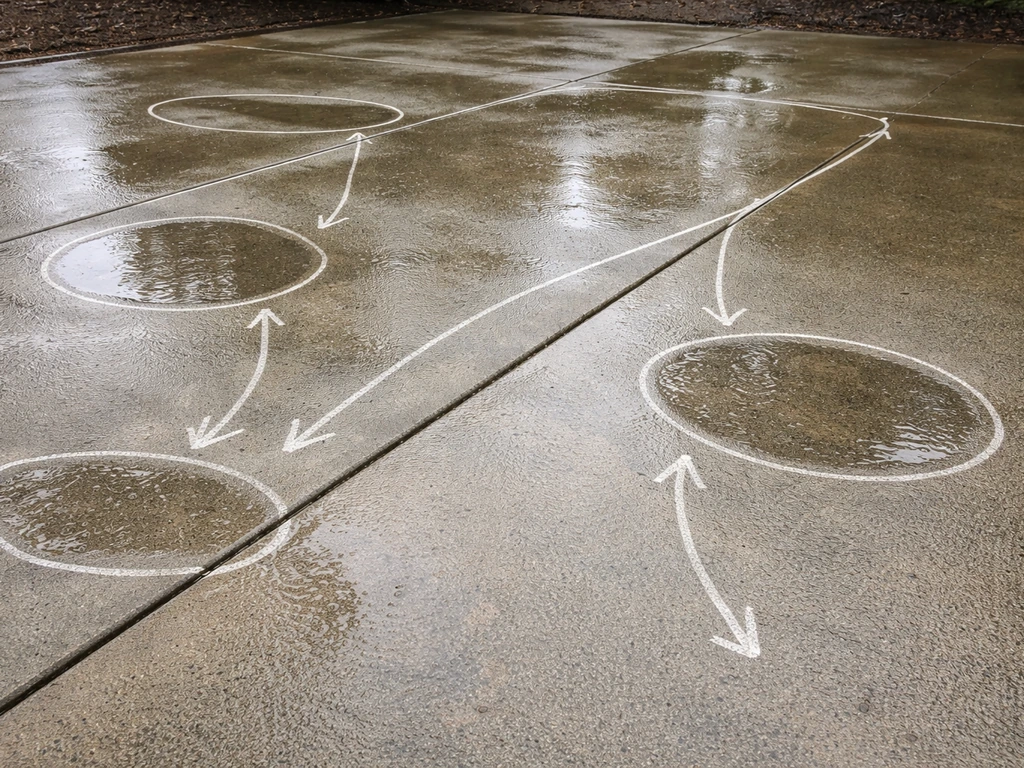 Wet concrete patio with chalk marks highlighting where rainwater pools after hours.