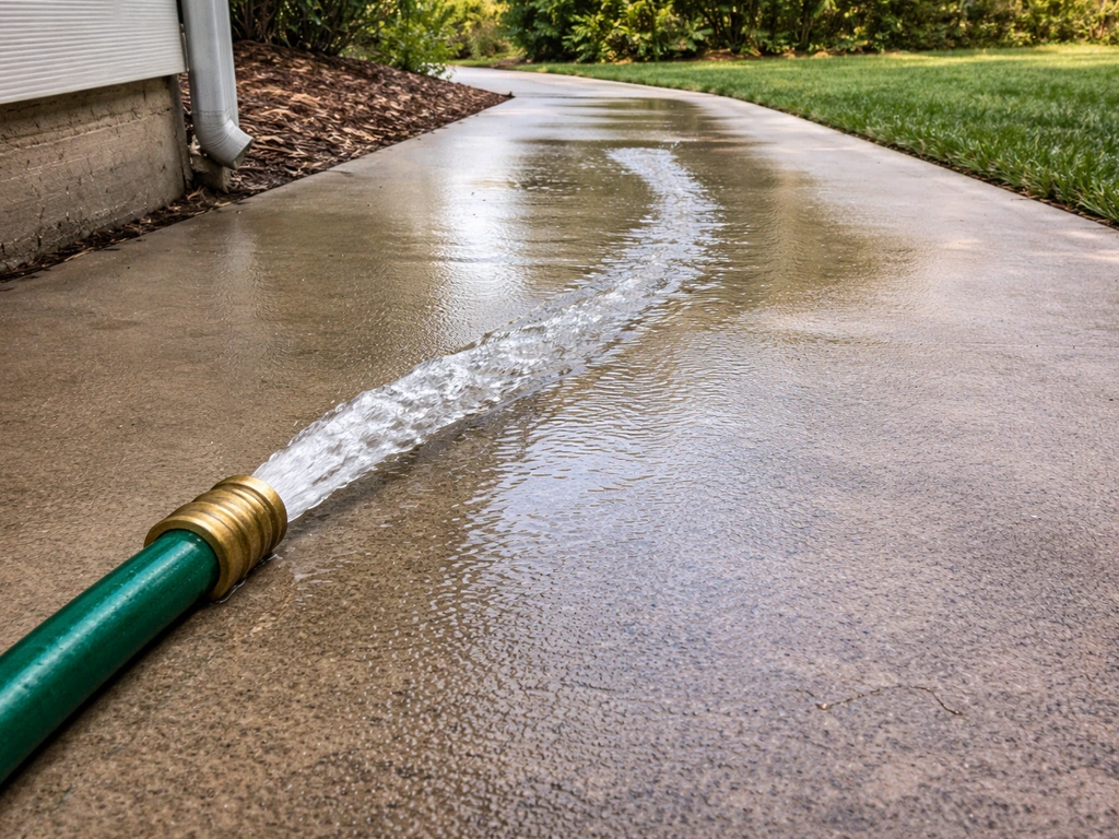 Garden hose running water across a patio, showing runoff flowing away from the house