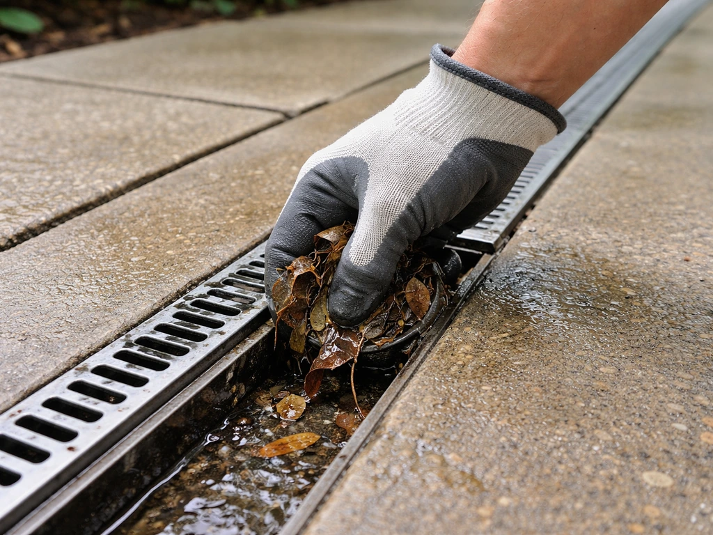 Hand removing leaves and grit from a patio channel drain to restore blocked drainage.