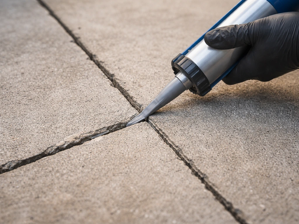 Worker applying polyurethane/epoxy crack filler to a concrete patio joint with a caulking gun.
