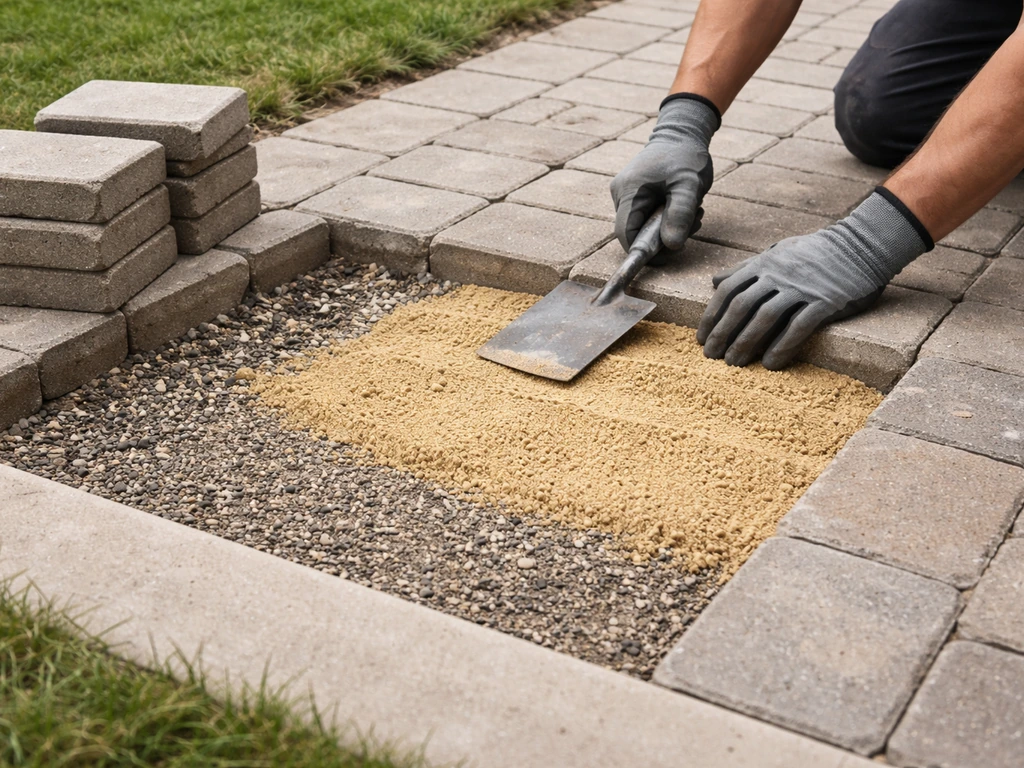 Partially lifted paver patio showing leveled bedding sand and compacted base beneath.