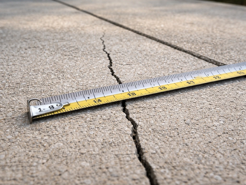 Close-up of a concrete patio crack with a measuring tape placed across it to gauge width.