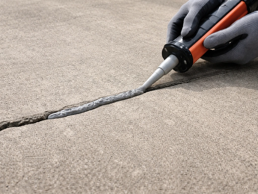 Gloved hands using a caulk gun to fill a medium-width concrete crack with thick filler.