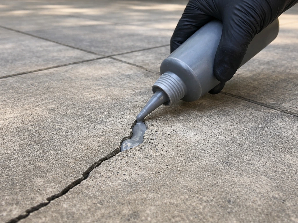 Contractor applies gray liquid concrete crack sealer into a hairline crack on a patio