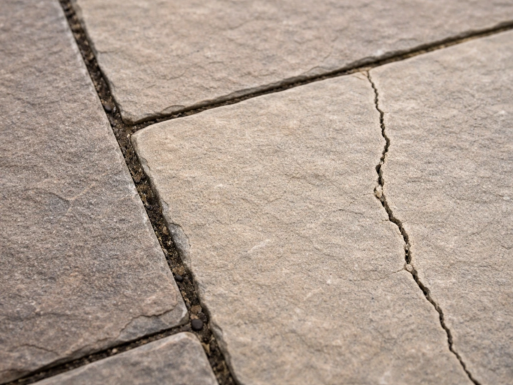Close-up of a stone patio showing two crack types—between stones and across the stone face.